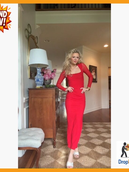 Ruched Bodycon Maxi Dress Long Sleeve Mesh Square Neck Elegant Cocktail Party - Picture 6 of 6